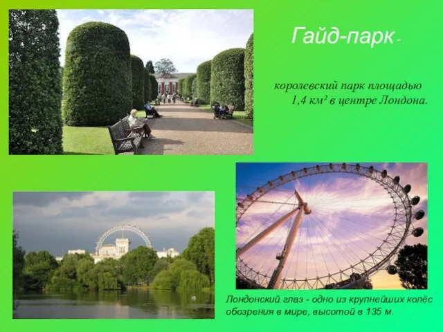 Гайд-парк - королевский парк площадью 1,4 км² в центре Лондона. Лондонский глаз -