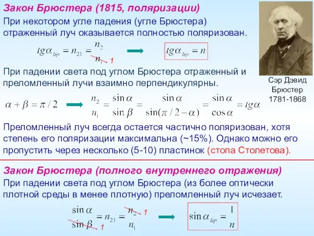 Закон Брюстера (1815, поляризации) При некотором угле падения (угле Брюстера)