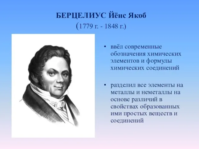БЕРЦЕЛИУС Йёнс Якоб (1779 г. - 1848 г.) ввёл современные обозначения химических элементов