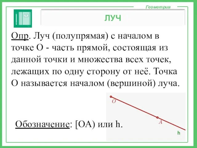 Опр. Луч (полупрямая) с началом в точке О - часть