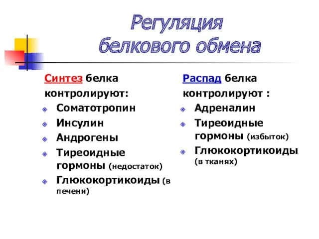 Регуляция белкового обмена Синтез белка контролируют: Соматотропин Инсулин Андрогены Тиреоидные