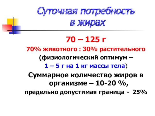 Суточная потребность в жирах 70 – 125 г 70% животного