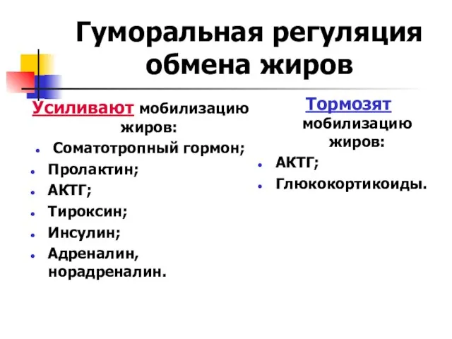 Гуморальная регуляция обмена жиров Усиливают мобилизацию жиров: Соматотропный гормон; Пролактин;