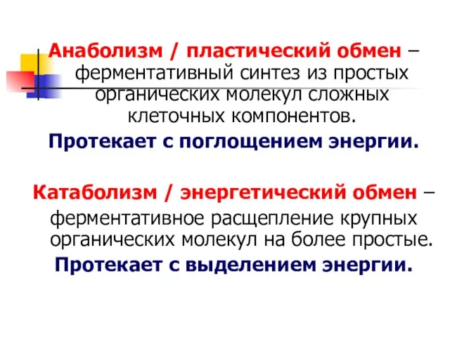 Анаболизм / пластический обмен – ферментативный синтез из простых органических