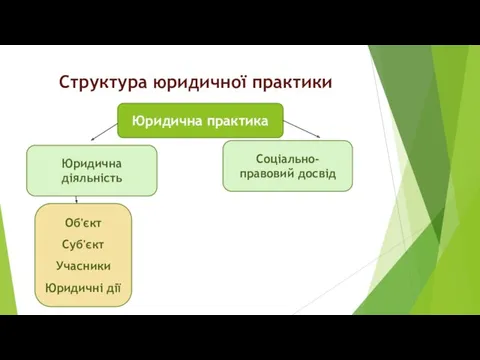 Структура юридичної практики Юридична практика Юридична діяльність Соціально-правовий досвід Об'єкт Суб'єкт Учасники Юридичні дії