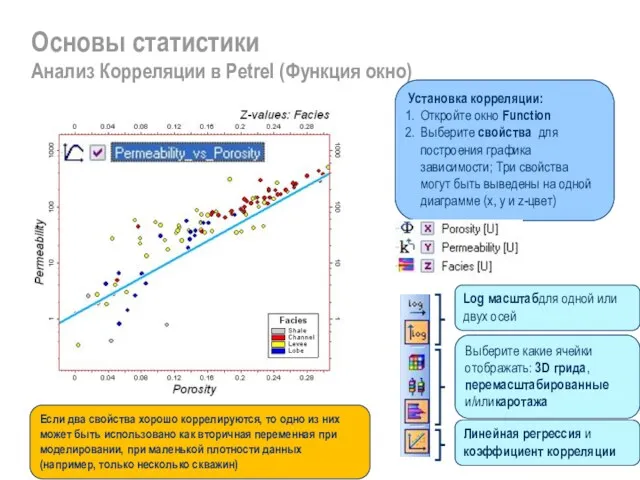 Основы статистики Анализ Корреляции в Petrel (Функция окно) Установка корреляции: