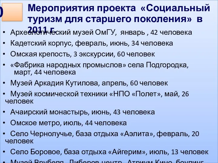 Мероприятия проекта «Социальный туризм для старшего поколения» в 2011 г.