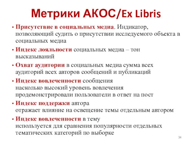 Метрики АКОС/Ex Libris Присутствие в социальных медиа. Индикатор, позволяющий судить