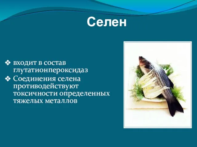 Селен входит в состав глутатионпероксидаз Соединения селена противодействуют токсичности определенных тяжелых металлов