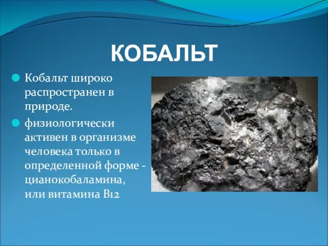 КОБАЛЬТ Кобальт широко распространен в природе. физиологически активен в организме