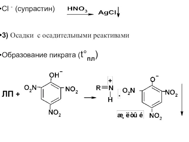 Cl - (супрастин) 3) Осадки с осадительными реактивами Образование пикрата (t°пл) ЛП +