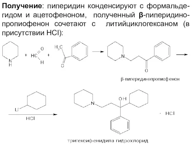 Получение: пиперидин конденсируют с формальде-гидом и ацетофеноном, полученный β-пиперидино-пропиофенон сочетают с литийциклогексаном (в присутствии HCl):