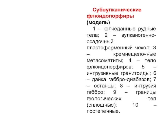 Субвулканические флюидопорфиры (модель) 1 – колчеданные рудные тела; 2 –