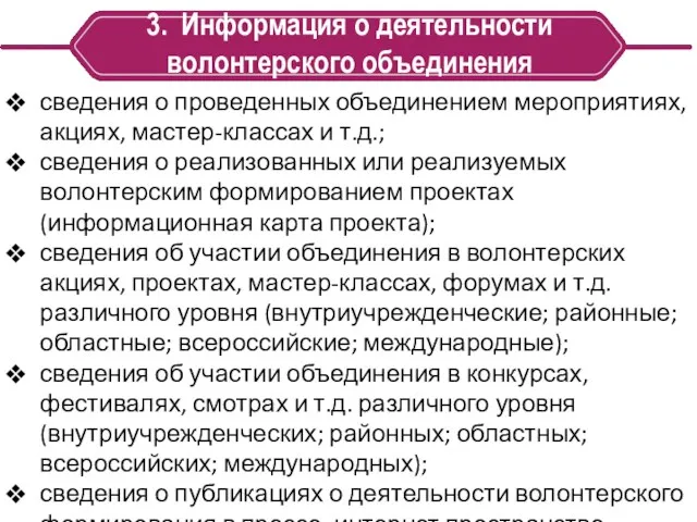 3. Информация о деятельности волонтерского объединения сведения о проведенных объединением