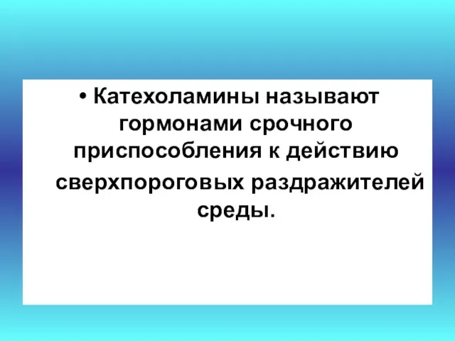 Катехоламины называют гормонами срочного приспособления к действию сверхпороговых раздражителей среды.