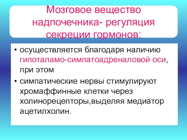 Мозговое вещество надпочечника- регуляция секреции гормонов: осуществляется благодаря наличию гипоталамо-симпатоадреналовой оси, при этом