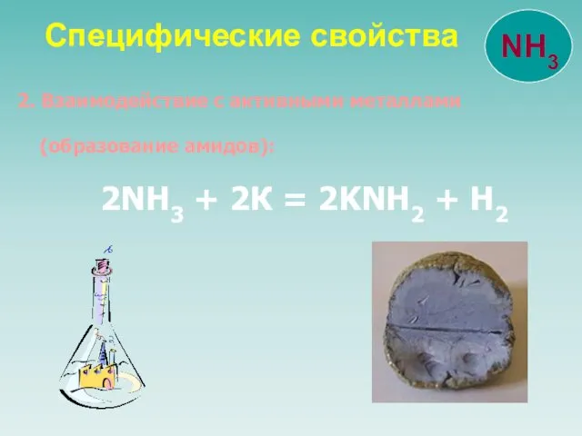Специфические свойства 2. Взаимодействие с активными металлами (образование амидов): 2NH3 + 2К = 2KNH2 + Н2