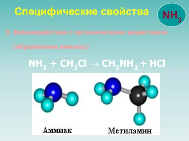 3. Взаимодействие с органическими веществами (образование аминов): NH3 + CH3Cl → CH3NH2 + HCl Специфические свойства