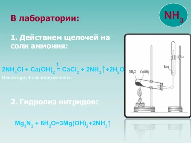 В лаборатории: 1. Действием щелочей на соли аммония: 2. Гидролиз нитридов: