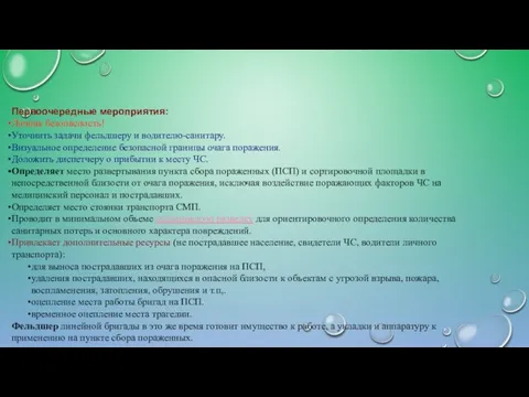 Первоочередные мероприятия: Личная безопасность! Уточнить задачи фельдшеру и водителю-санитару. Визуальное