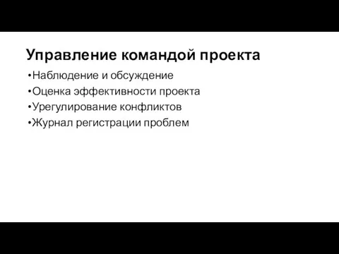 Управление командой проекта Наблюдение и обсуждение Оценка эффективности проекта Урегулирование конфликтов Журнал регистрации проблем