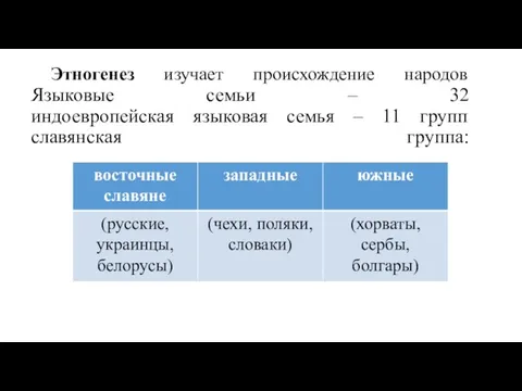 Этногенез изучает происхождение народов Языковые семьи – 32 индоевропейская языковая семья – 11 групп славянская группа: