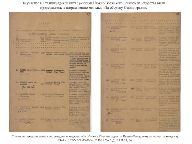 За участие в Сталинградской битве речники Нижне-Волжского речного пароходства были представлены к награждению