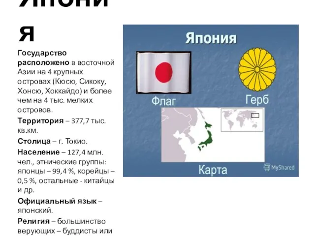 Япония Государство расположено в восточной Азии на 4 крупных островах