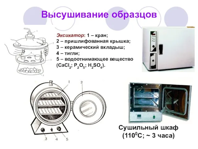 Высушивание образцов Сушильный шкаф (1100С; ~ 3 часа) Эксикатор: 1