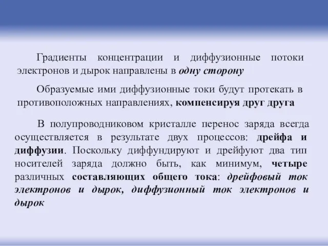 Градиенты концентрации и диффузионные потоки электронов и дырок направлены в