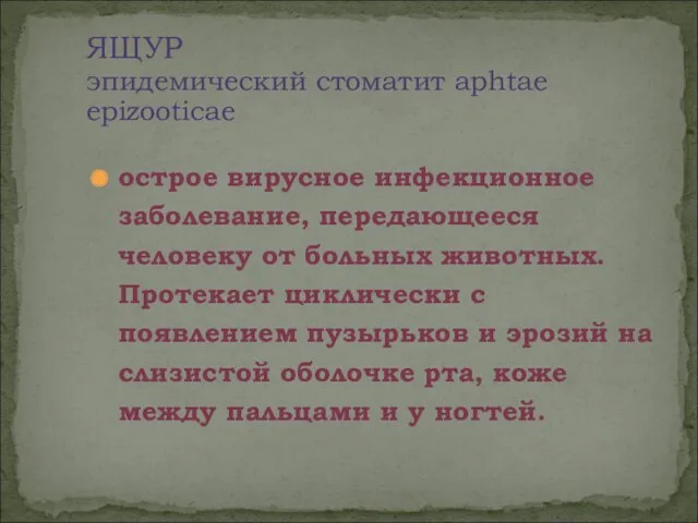 острое вирусное инфекционное заболевание, передающееся человеку от больных животных. Протекает