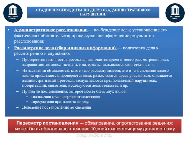 Административное расследование — возбуждение дела; установление его фактических обстоятельств; процессуальное