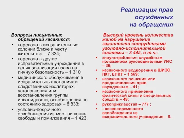 Реализация прав осужденных на обращения Вопросы письменных обращений касаются: перевода