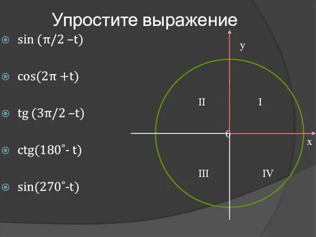 Упростите выражение sin (π/2 –t) cos(2π +t) tg (3π/2 –t)