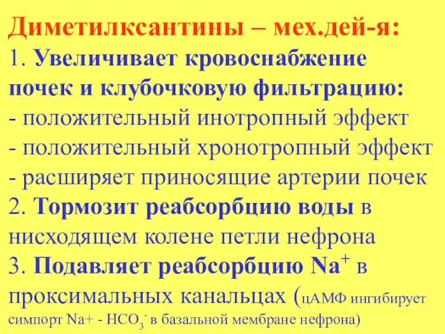 Диметилксантины – мех.дей-я: 1. Увеличивает кровоснабжение почек и клубочковую фильтрацию: