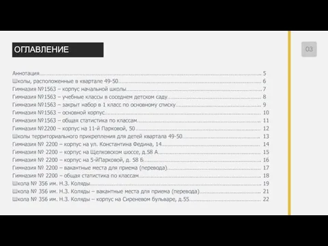 ОГЛАВЛЕНИЕ Аннотация………………………………………………………………………………………………………………………………….. Школы, расположенные в квартале 49-50…………………………………………………………………………………… Гимназия №1563 –