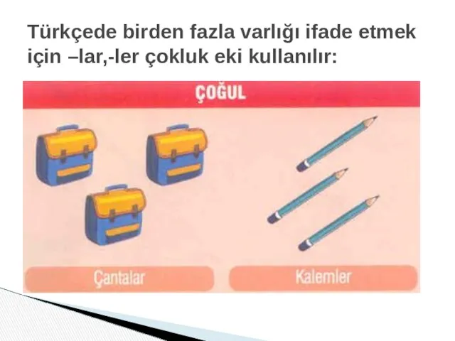 Türkçede birden fazla varlığı ifade etmek için –lar,-ler çokluk eki kullanılır: