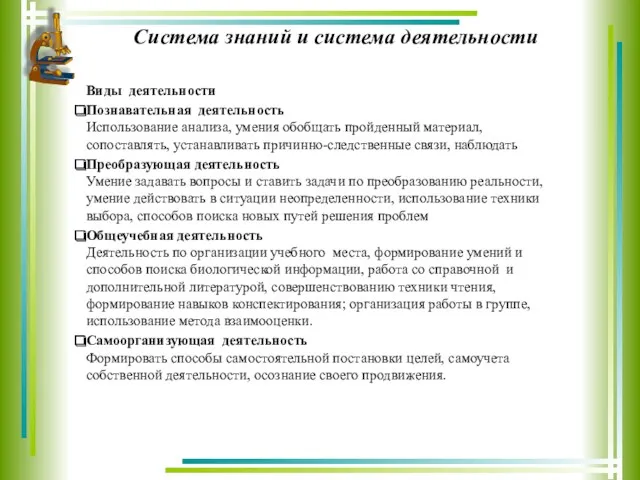 Система знаний и система деятельности Виды деятельности Познавательная деятельность Использование