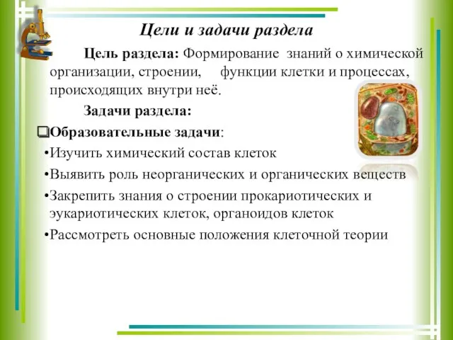 Цели и задачи раздела Цель раздела: Формирование знаний о химической