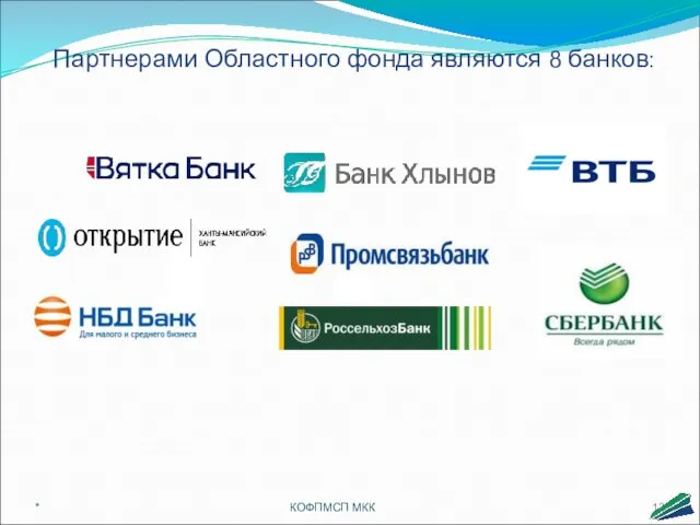 Партнерами Областного фонда являются 8 банков: * КОФПМСП МКК 114 114