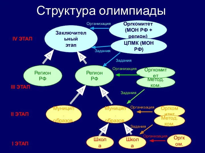 Структура олимпиады Школа Школа Муницип. образов. Муницип. образов. Оргкомитет Метод.ком.