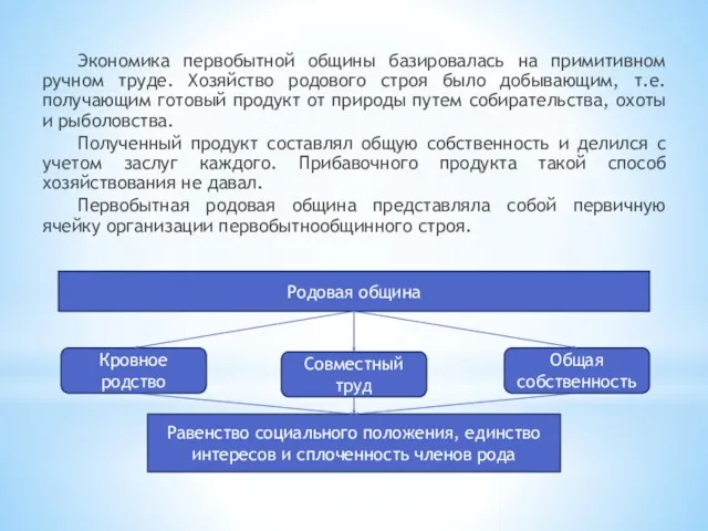 Экономика первобытной общины базировалась на примитивном ручном труде. Хозяйство родового