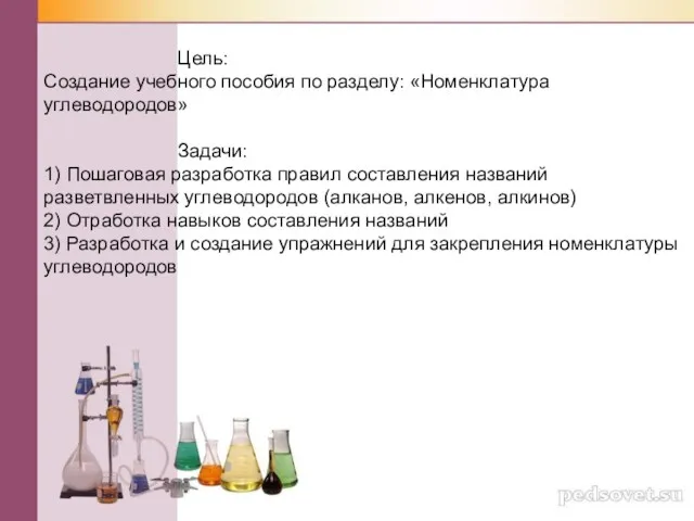 Цель: Создание учебного пособия по разделу: «Номенклатура углеводородов» Задачи: 1)