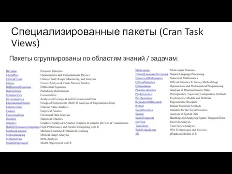 Специализированные пакеты (Cran Task Views) Пакеты сгруппированы по областям знаний / задачам: