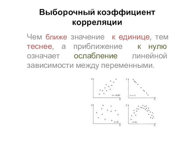 Выборочный коэффициент корреляции Чем ближе значение к единице, тем теснее,