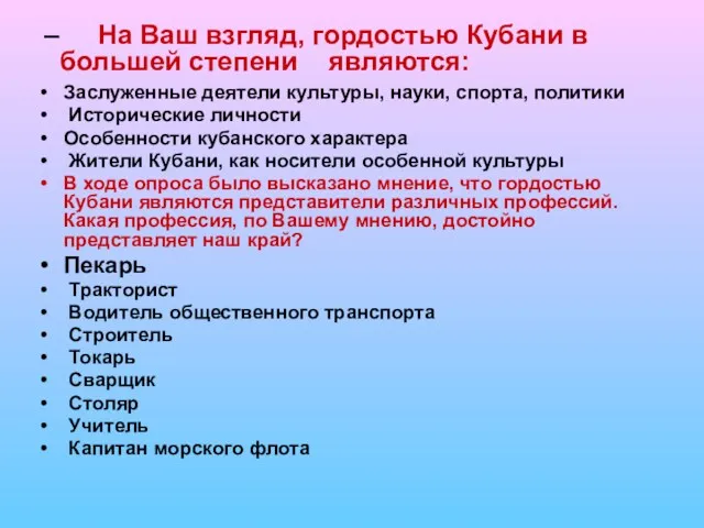 Заслуженные деятели культуры, науки, спорта, политики Исторические личности Особенности кубанского характера Жители Кубани,