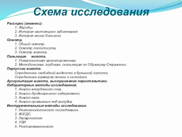 Схема исследования Расспрос (анамнез): 1. Жалобы. 2. История настоящего заболевания