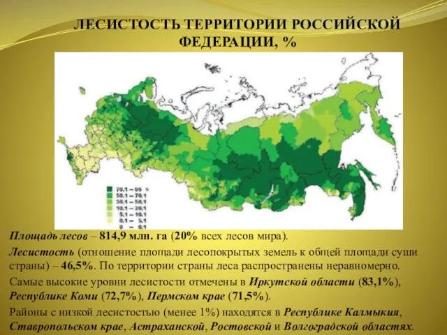ЛЕСИСТОСТЬ ТЕРРИТОРИИ РОССИЙСКОЙ ФЕДЕРАЦИИ, % Площадь лесов – 814,9 млн.