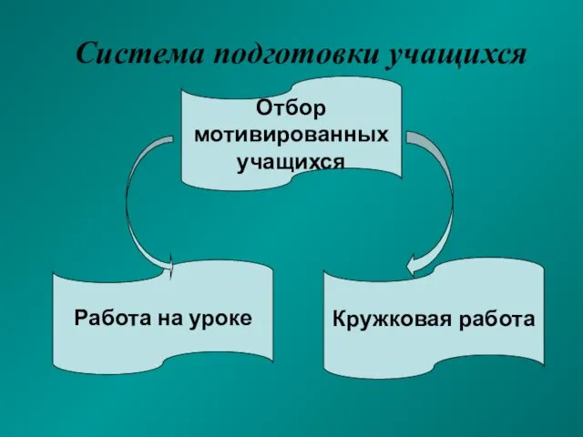 Система подготовки учащихся Отбор мотивированных учащихся Работа на уроке Кружковая работа