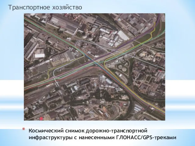 Транспортное хозяйство Космический снимок дорожно-транспортной инфраструктуры с нанесенными ГЛОНАСС/GPS-треками